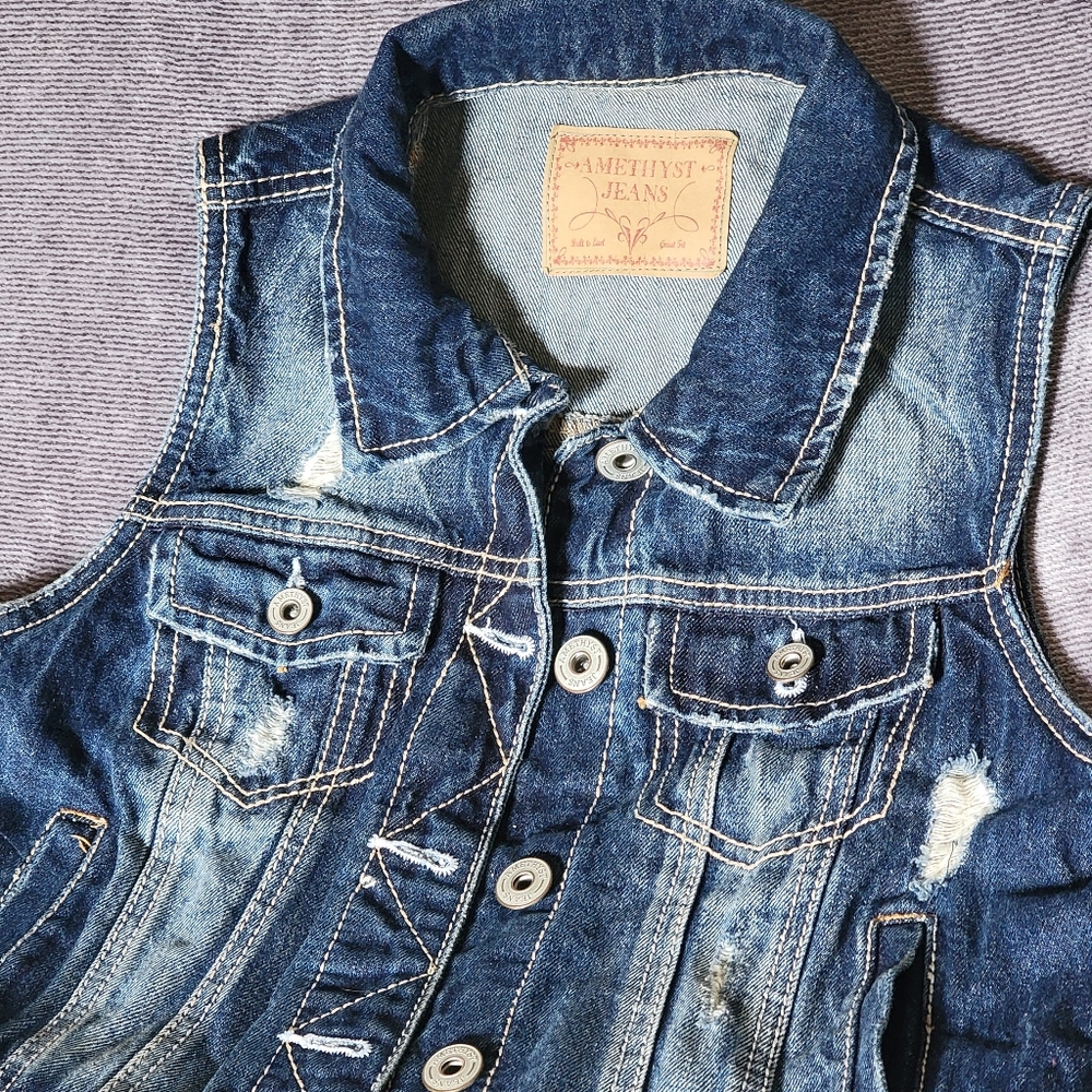 Amethyst Jeans Distressed Blue Denim Vest Girl's Size Med Y2K Western Inspired
